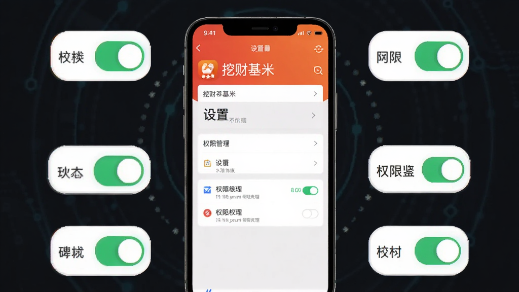 主体为手机屏幕显示挖财基米应用设置页面与权限管理界面,布局为手机居中、周围环绕权限开关图标,风格为扁平化科技风格,细节包括权限开关状态清晰、界面整洁,画质高清干净无多余元素