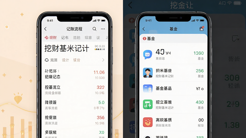 主体为手机屏幕展示挖财基米记账页面与基金页面分屏对比,布局为左右分屏,左侧记账流水右侧基金列表,风格为扁平化UI设计风格,细节包括图标简洁、数字清晰,画质高清干净无多余元素