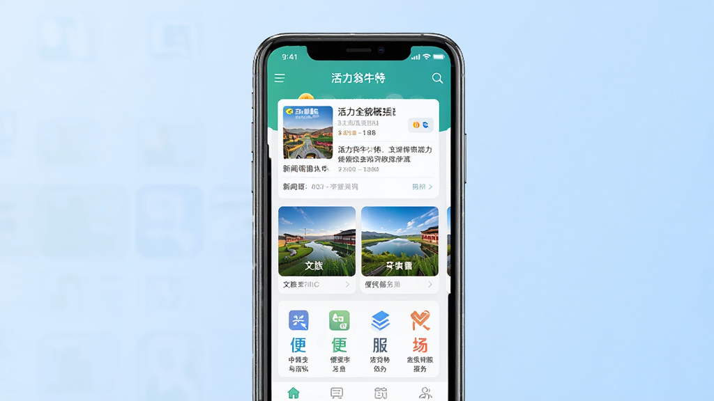 软件全貌概括图,主体为一部智能手机屏幕,屏幕中展示“活力翁牛特”应用主界面,界面包含新闻资讯卡片、文旅风景缩略图与便民服务图标,布局为居中放置手机,背景为浅蓝色渐变,排版简洁,风格为现代扁平化UI展示风格,细节包含手机边缘高光、界面文字清晰可辨,画质为高清渲染,干净,无多余元素