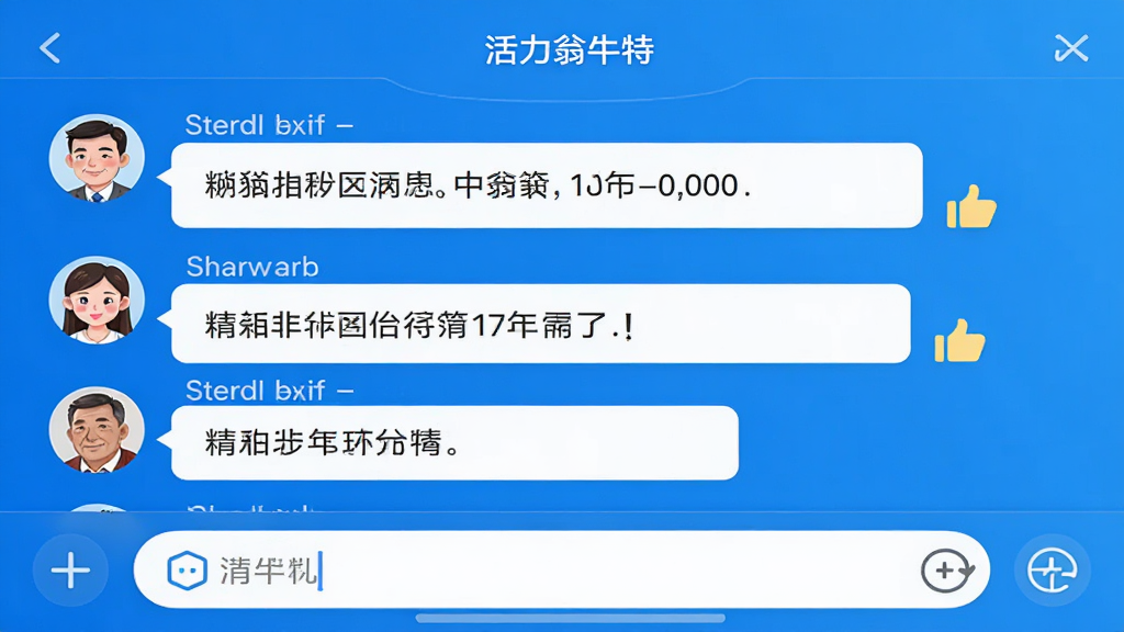 AI生图,主体为“活力翁牛特”社区互动聊天界面,布局为消息气泡列表加底部输入框,排版为上下结构,风格为社交类APP清爽界面,细节包含用户头像、对话文字、点赞图标,画质为高清,干净,无多余元素