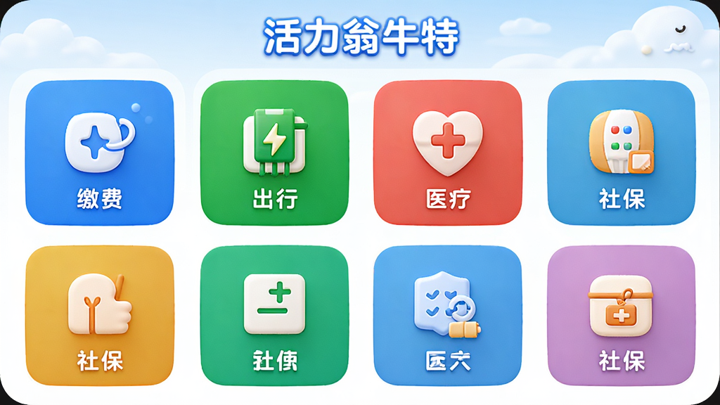 AI生图,主体为“活力翁牛特”便民服务功能宫格界面,布局为四列图标网格,排版整齐,风格为圆角卡片式设计,细节包含缴费、出行、医疗、社保等彩色图标,画质为高清渲染,干净,无多余元素