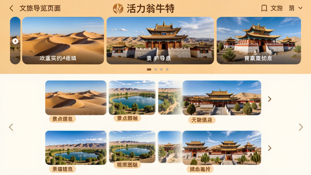 AI生图,主体为“活力翁牛特”文旅导览页面,布局为顶部轮播图加下方景点列表,排版为图文结合,风格为旅游类APP暖色调界面,细节包含沙漠、湖泊、寺庙缩略图与景点名称标签,画质为高清,干净,无多余元素