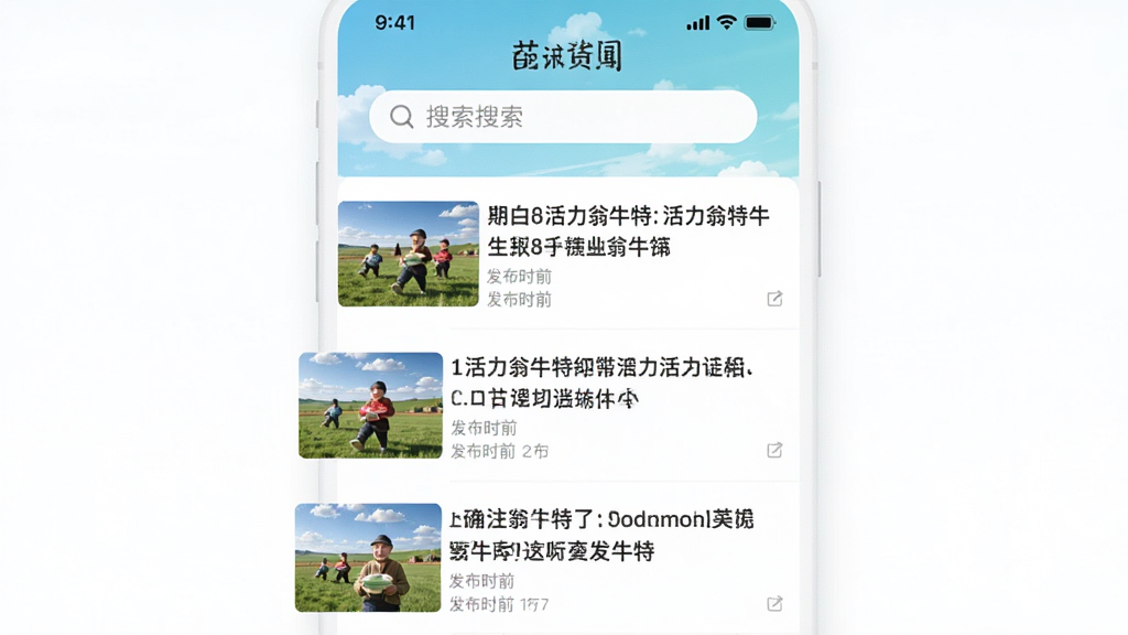 AI生图,主体为“活力翁牛特”应用新闻资讯页面截图样式,布局为顶部搜索栏加下方信息流列表,排版为纵向滚动,风格为清新资讯类APP界面,细节包含新闻缩略图、标题文字、发布时间标签,画质为高清干净,无多余元素