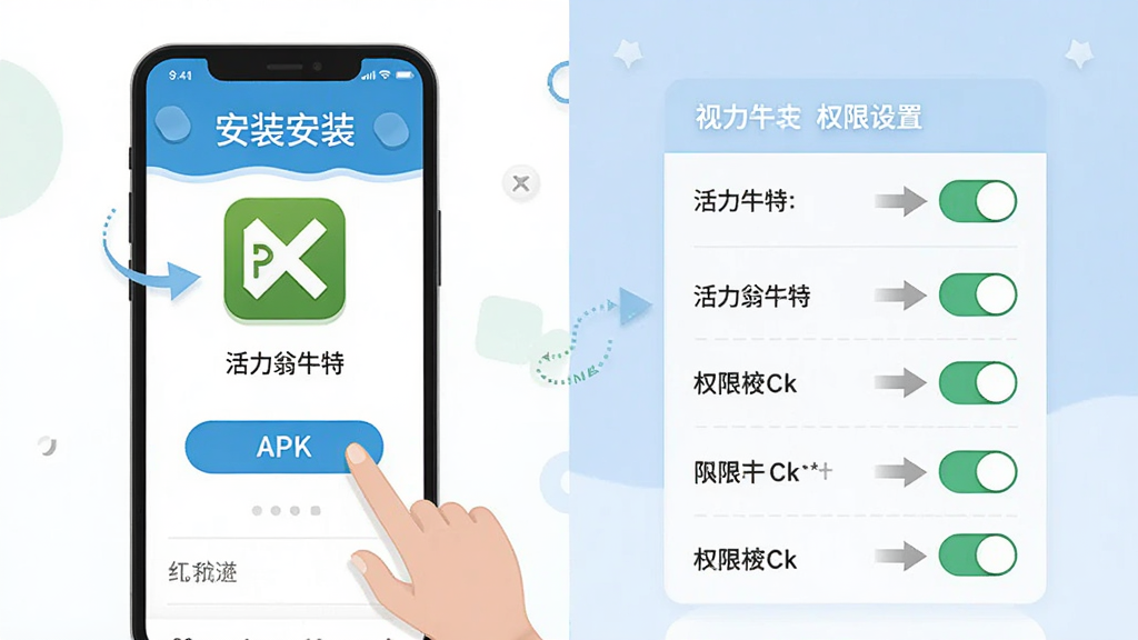 AI生图,主体为“活力翁牛特”应用安装与权限设置操作示意图,布局为左右分栏,左侧为手机安装界面,右侧为权限开关列表,排版清晰,风格为教程类扁平插画,细节包含APK图标、权限开关按钮、箭头指示,画质为高清,干净,无多余元素