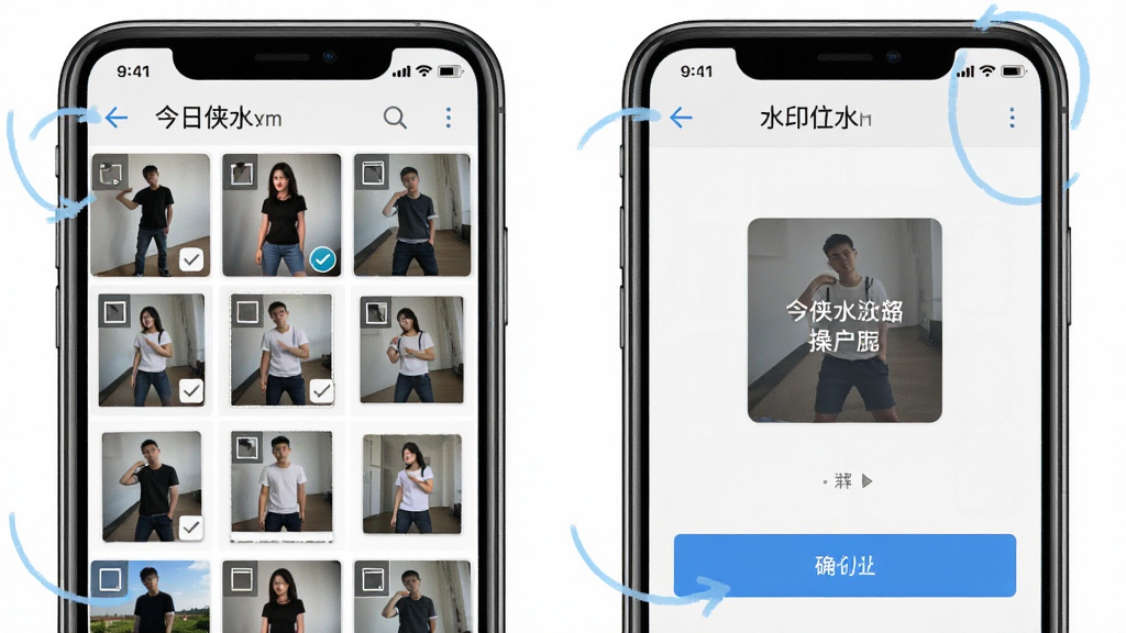 一张展示今日侠水印相机批量添加水印操作流程的图片,主体为手机屏幕中显示相册多选界面与水印模板选择界面并排,布局为左右分屏展示,排版清晰展示操作步骤,风格为教程示意图风格,细节包括勾选标记、模板缩略图、确认按钮,画质高清干净无多余元素
