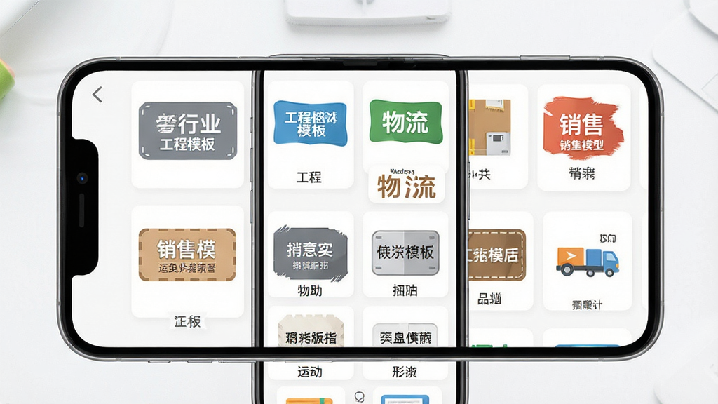 一张展示今日侠水印相机水印模板选择界面的图片,主体为手机屏幕中显示多个行业水印模板缩略图排列,布局为网格状分布,排版整齐清晰,风格为扁平化设计,细节包括工程模板、物流模板、销售模板等图标与文字说明,画质高清干净无多余元素