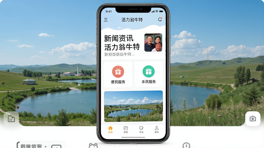 一张手机屏幕展示活力翁牛特应用主界面的图片,界面包含新闻资讯、便民服务图标和本地风光背景图,主体为手机,布局居中,排版简洁,风格为现代扁平化UI设计,细节清晰,画质高清,画面干净,无多余元素