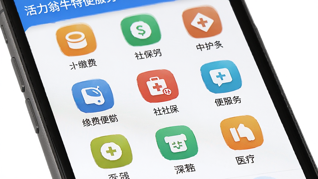 一张展示活力翁牛特便民服务功能图标网格的图片,主体为手机屏幕,布局为九宫格图标排列,风格为简洁实用型UI,细节包含缴费、社保、医疗等图标,画质高清,画面干净,无多余元素