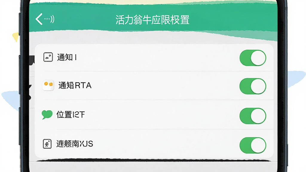 一张展示活力翁牛特应用权限设置界面的图片,主体为手机屏幕,布局为权限列表,风格为系统设置界面,细节包含存储、通知、位置等权限开关,画质清晰,画面干净,无多余元素