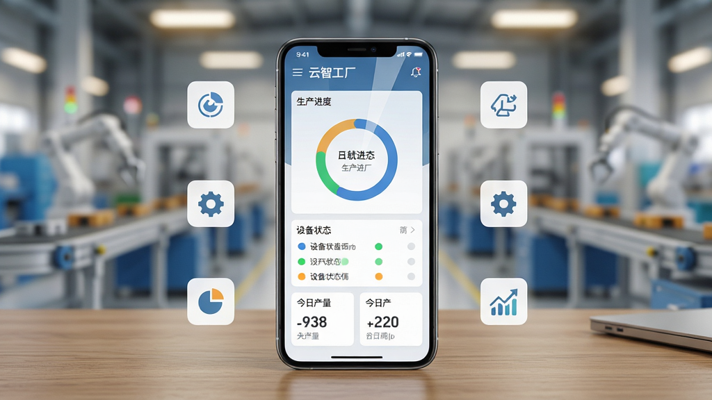 画面主体是一部智能手机,屏幕中显示“云智工厂”软件的主界面,界面包含生产进度环形图、设备状态指示灯列表和今日产量数字卡片;手机放置在一张整洁的工厂办公桌上,背景虚化显示现代化车间流水线;整体布局为竖版手机屏幕特写居中,周围环绕简洁的数据图标;风格为现代科技感扁平化UI展示风格;细节包括屏幕反光、桌面木纹、背景中柔和的车间灯光;画质为4K超清、干净、无多余元素