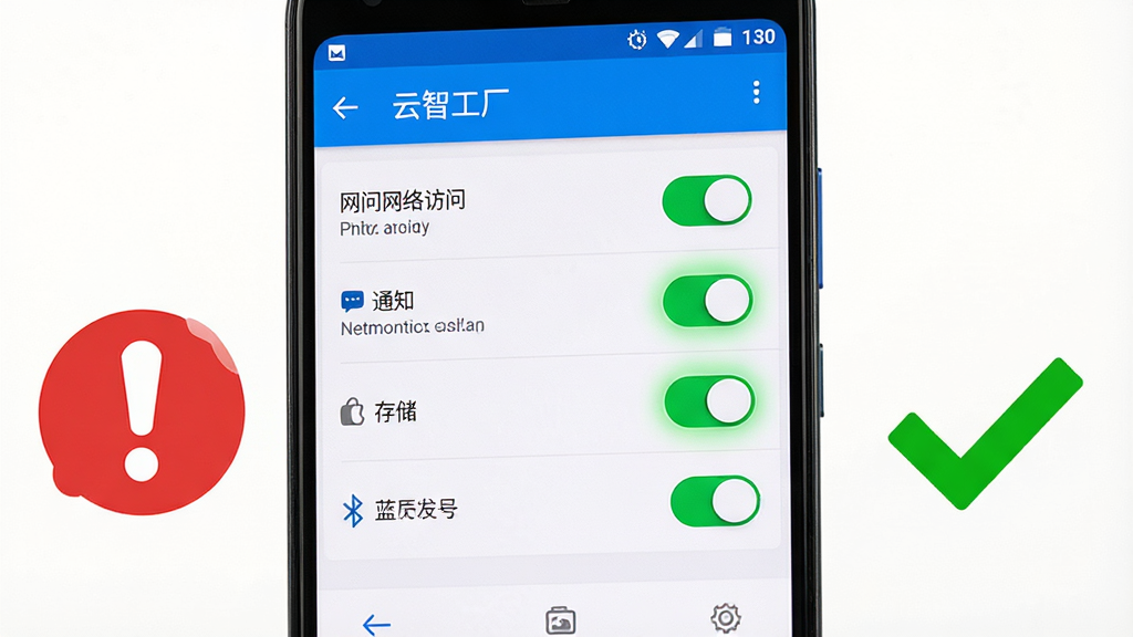 画面主体是一部安卓手机显示“云智工厂”的权限设置界面,界面中包含网络访问、通知、存储、蓝牙等权限开关,其中网络和通知权限被高亮标注为已开启状态;手机旁边放置一个红色感叹号图标和绿色对勾图标;布局为手机屏幕特写居中,图标分列两侧;风格为简洁明了的操作指引风格;细节包括权限开关的绿色高亮、界面文字清晰可辨、背景为纯白色;画质为4K超清、干净、无多余元素