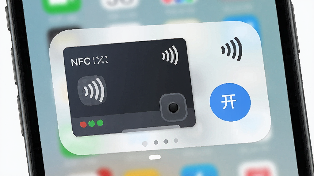 一张手机桌面截图风格的图片,画面中展示了NFC开门APP的桌面小组件,小组件上显示着一张虚拟门禁卡和开门按钮,背景是简洁的手机桌面壁纸,风格现代扁平化,细节包括小组件圆角边框和NFC标识,画质高清,干净,无多余元素