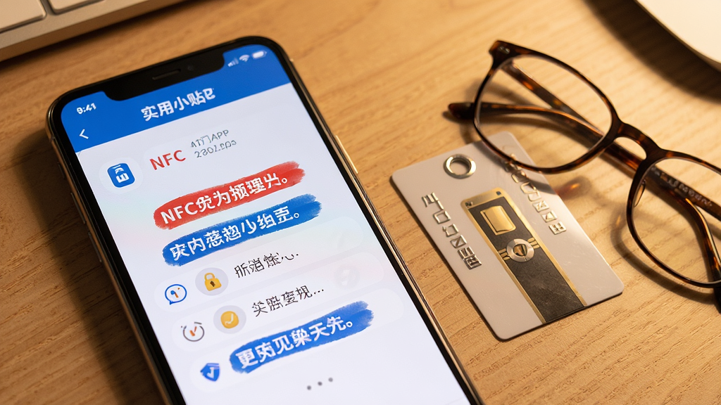 一张手机屏幕截图风格的图片,画面展示NFC开门APP的实用小贴士页面,页面中有红色和蓝色高亮的文字提示,手机旁边放着一张门禁卡和一副眼镜,背景是温暖的桌面环境,风格亲切友好,细节包括提示图标和文字排版,画质高清,干净,无多余元素