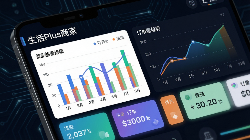 手机屏幕显示“生活Plus商家”数据看板,画面中有柱状图、折线图与数字卡片,展示营业额与订单量趋势,背景为深色科技感界面,图表颜色鲜明,风格为现代商务数据可视化,细节清晰,画质高清,干净,无多余元素