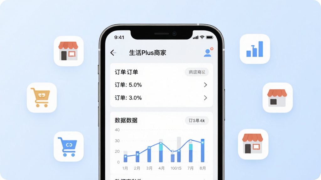手机屏幕中显示“生活Plus商家”应用界面,画面主体为一部竖屏智能手机,背景为干净的浅蓝色渐变,手机屏幕内展示订单列表与数据图表,周围悬浮着商家、订单、数据、店铺等扁平化图标,风格为现代简约科技风,细节清晰,画质高清,干净,无多余元素