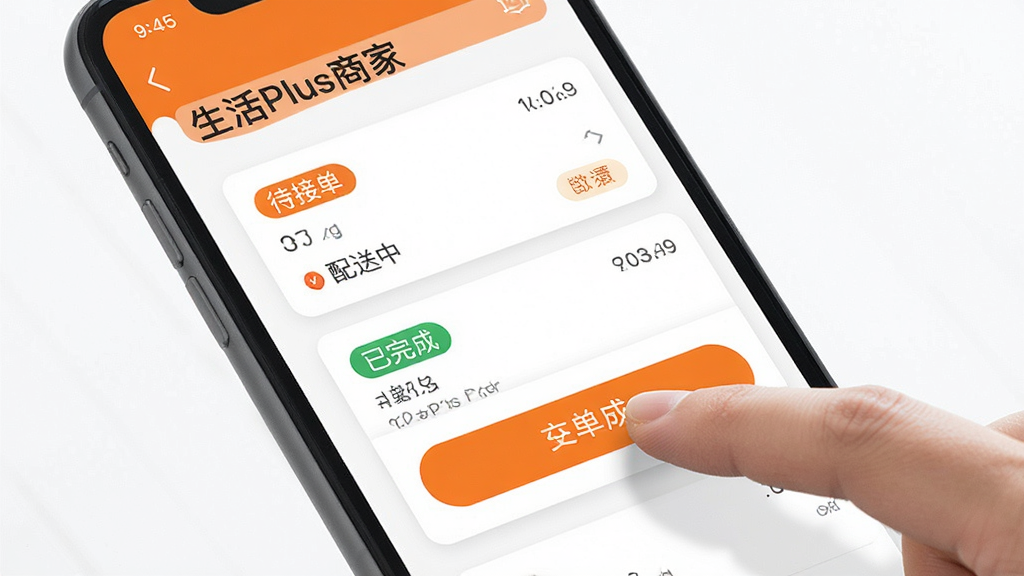 手机应用界面特写,画面中显示“生活Plus商家”订单管理页面,多个订单卡片整齐排列,带有待接单、配送中、已完成等状态标签,一只手正点击屏幕上的接单按钮,背景为简洁的白色与橙色搭配,风格为扁平化UI设计,细节清晰,画质高清,干净,无多余元素