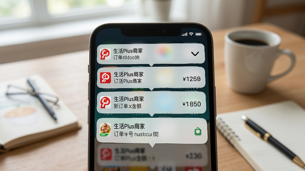 手机通知栏弹出“生活Plus商家”新订单提醒,画面中手机屏幕上方显示多条通知卡片,带有订单号与金额信息,背景为日常生活场景的桌面,风格为写实风格,细节清晰,画质高清,干净,无多余元素