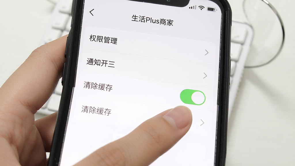 手机屏幕显示“生活Plus商家”设置页面,画面中展示权限管理、通知开关、清除缓存等选项,一只手正点击通知开关,背景为简洁的白色界面,风格为扁平化UI设计,细节清晰,画质高清,干净,无多余元素