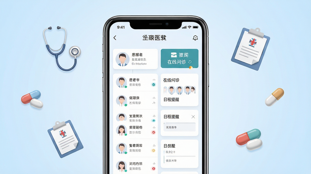 复星健康医生端主界面展示,画面中央是一部智能手机,屏幕显示医生工作台界面,包含患者列表、在线问诊入口和日程提醒卡片,背景为干净的浅蓝色渐变,周围漂浮着听诊器、病历夹和药丸图标,整体风格简洁专业,排版清晰,画质高清,干净无多余元素