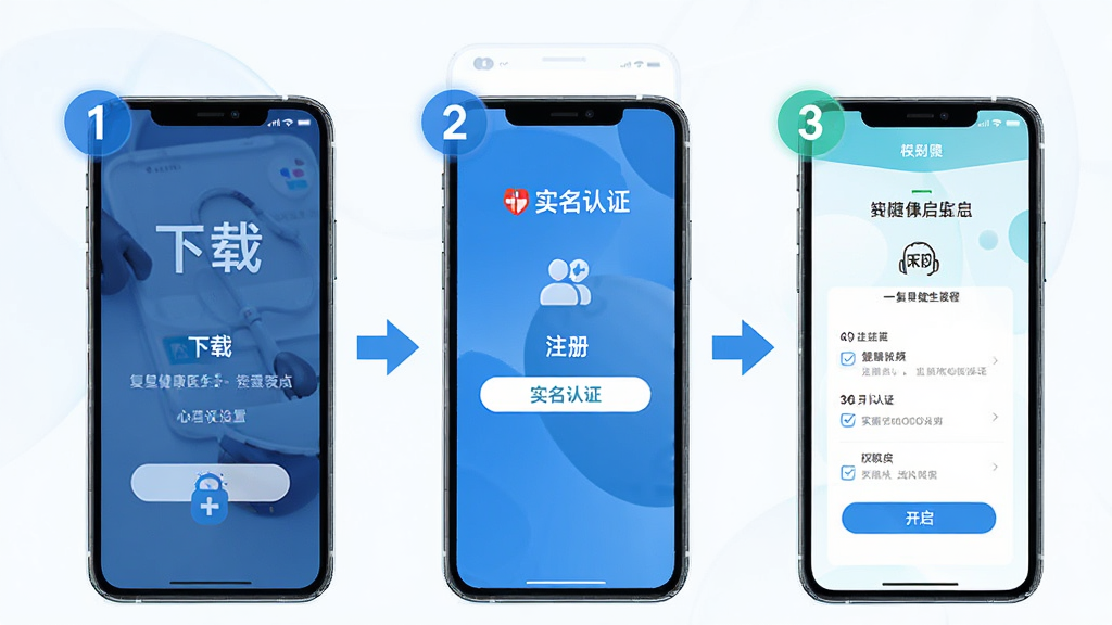 复星健康医生端安装与设置流程示意图,画面以手机屏幕为载体,分步骤展示下载、注册、实名认证和权限开启界面,每一步用数字标注,旁边配有箭头引导,风格简洁明快,配色清爽,画质高清,干净无多余元素