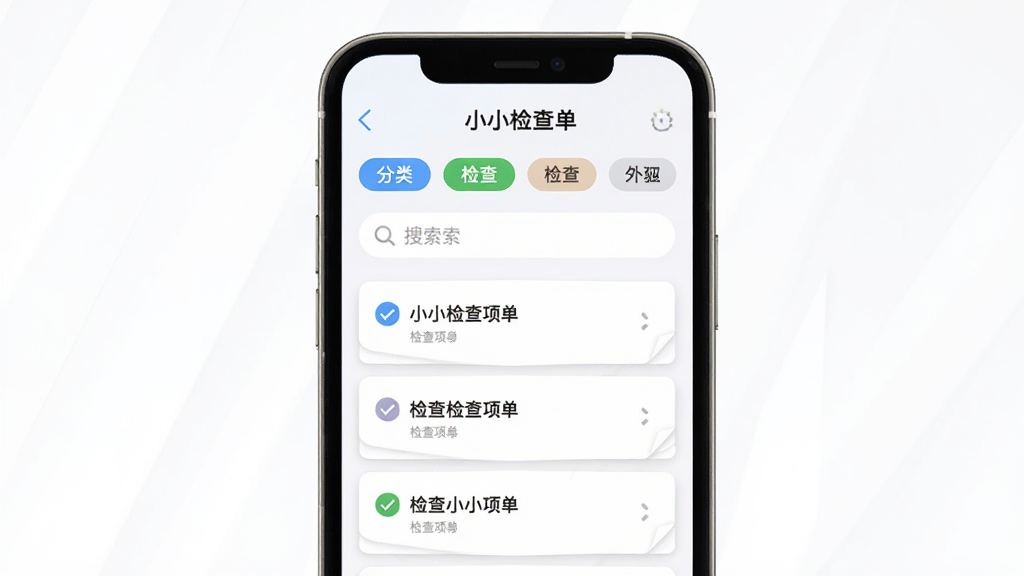 一部手机展示“小小检查单”应用的分类管理界面,主体为手机屏幕,布局为上下结构,上方为分类标签栏,下方为检查项目卡片列表,排版清晰,风格为清新浅色系,细节包括彩色标签、折叠面板和搜索框,画质高清,干净,无多余元素