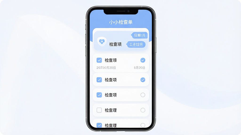 一张手机屏幕展示健康检查清单应用的界面,主体为一部竖屏智能手机,布局居中,屏幕上显示“小小检查单”应用界面,包含检查项目列表、勾选框和日期标签,排版整洁,风格为现代简约扁平化设计,细节包括柔和的蓝白配色、圆角卡片和清晰的图标,画质高清,干净,无多余元素