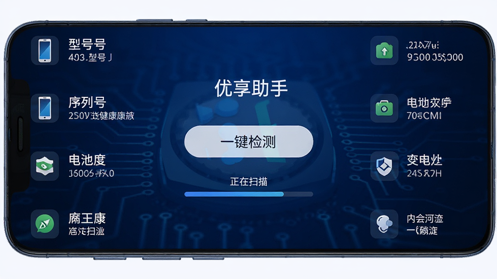 一部安卓手机显示“优享助手”验机界面,界面中有一键检测按钮和正在扫描的进度条,周围环绕着手机型号、序列号、电池健康度等数据图标,背景为深蓝色科技感渐变,画面简洁明亮,高清画质,干净无多余元素