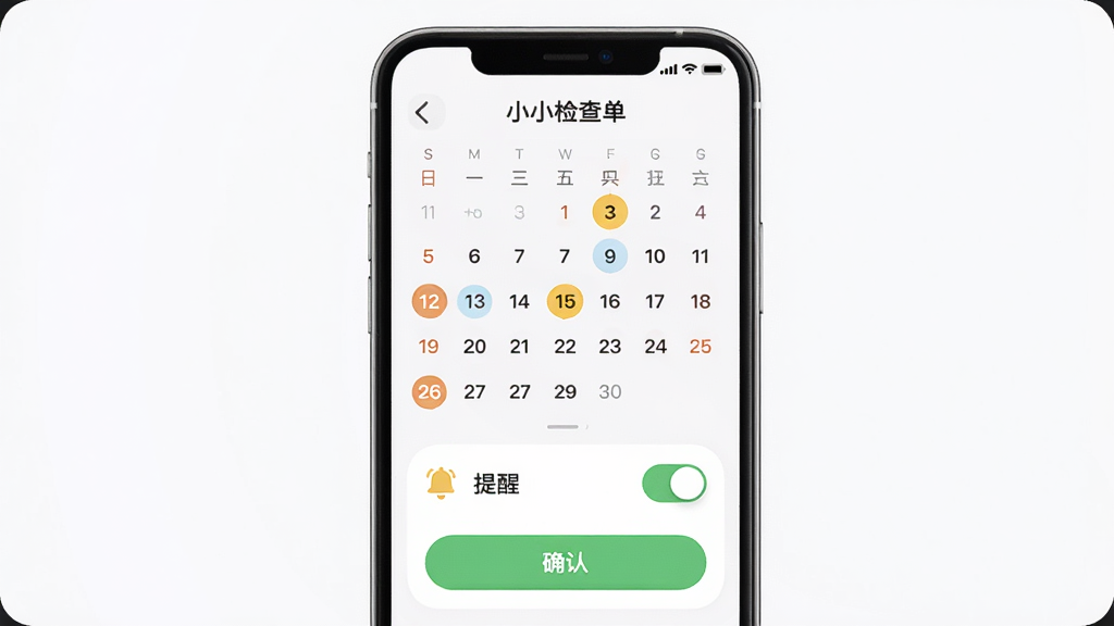手机界面展示“小小检查单”的提醒设置页面,主体为手机屏幕,布局居中,屏幕上显示日历视图和提醒开关,排版简洁,风格为柔和圆角设计,细节包括高亮日期、铃铛图标和确认按钮,画质高清,干净,无多余元素