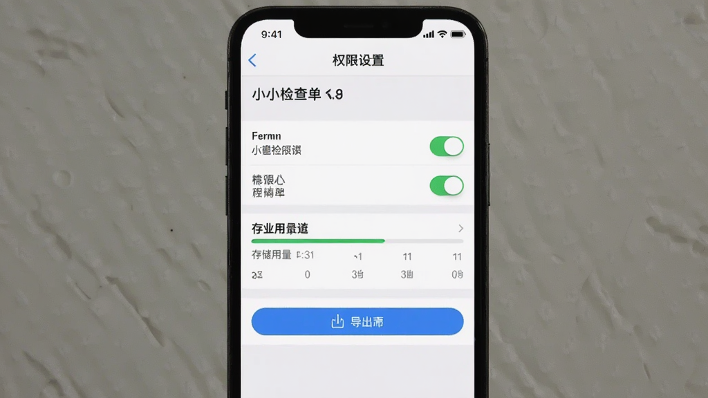手机屏幕展示“小小检查单”的权限设置与备份界面,主体为手机设置页面,布局为列表结构,排版清晰,风格为系统原生设计,细节包括权限开关、存储用量条和导出按钮,画质高清,干净,无多余元素