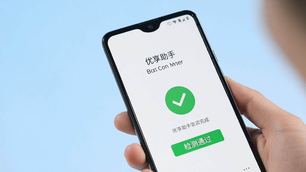 一部安卓手机显示“优享助手”检测完成页面,页面中有绿色对勾和检测通过字样,手机旁边有一只手拿着,背景为浅蓝色渐变,画面简洁明快,高清画质,无多余元素