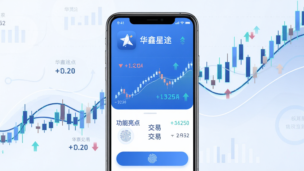主体为一部智能手机,屏幕中显示华鑫星途应用界面,包含股票行情走势图与交易按钮;布局为手机居中,周围环绕抽象的金融数据线条与K线元素;排版采用上下结构,上方为应用图标与名称“华鑫星途”,下方为功能亮点短句;风格为现代科技感扁平化设计,蓝白主色调;细节包括涨跌箭头、数字跳动效果、指纹解锁图标;画质高清,画面干净,无多余元素。