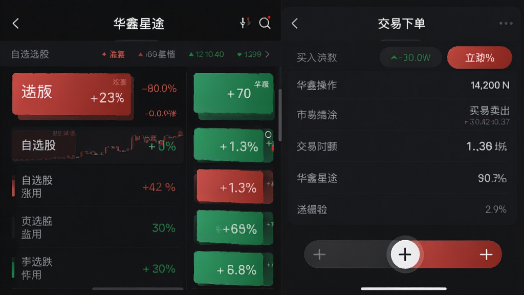 主体为华鑫星途应用内的行情列表与交易下单界面;布局为左右分屏,左侧显示自选股涨跌,右侧显示买入卖出操作面板;排版清晰,信息层级分明;风格为金融科技深色模式,突出数据可视化;细节包括红绿涨跌色块、数字滚动动画、手势滑动操作;画质锐利,界面干净,无多余装饰元素。