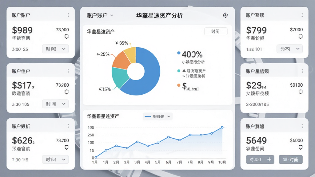 主体为华鑫星途资产分析页面,展示饼状图与折线图;布局为中心仪表盘式,四周分布账户信息卡片;排版对称,数据标签清晰;风格为简约商务浅色系;细节包括百分比数字、货币符号、时间筛选按钮;画质细腻,画面整洁,无杂乱元素。