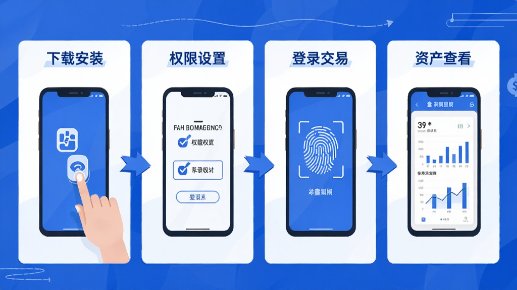主体为华鑫星途手机端操作流程示意图;布局为四步分镜,分别展示下载安装、权限设置、登录交易、资产查看;排版为横向排列,箭头引导;风格为扁平化教程插画,蓝白配色;细节包括手指点击图标、勾选权限框、指纹识别、图表展示;画质清晰,画面干净,无多余元素。