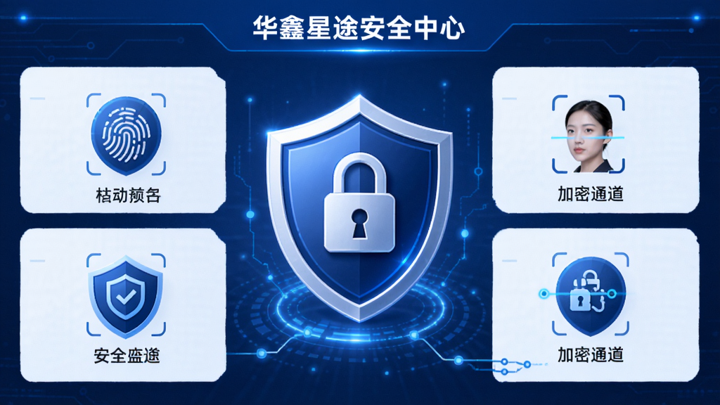 主体为华鑫星途安全中心界面,展示盾牌图标与加密锁;布局为中心盾牌,周围环绕安全认证标识;排版简洁,重点突出;风格为科技蓝安全主题;细节包括指纹识别、面部扫描、加密通道示意;画质高清,画面干净,无多余元素。
