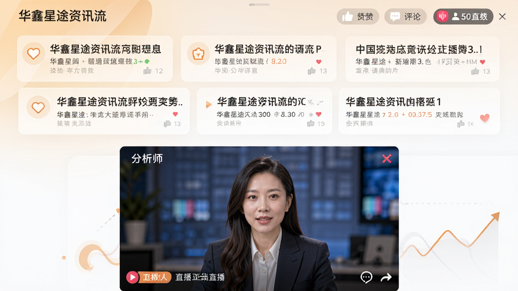 主体为华鑫星途资讯流界面与直播窗口;布局为上下结构,上方为新闻卡片列表,下方为分析师直播画面;排版错落有致,重点内容突出;风格为现代媒体风,暖色点缀;细节包括点赞图标、评论气泡、直播在线人数;画质清晰,界面干净,无多余元素。