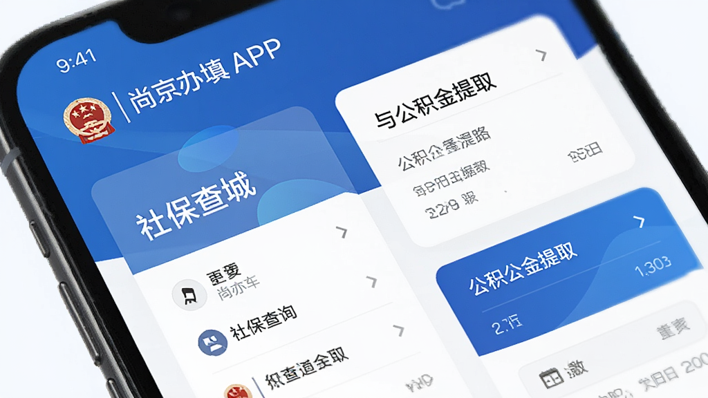 尚亦城APP政务办事功能界面截图,主体为手机屏幕特写,屏幕内展示社保查询与公积金提取页面,布局采用卡片式设计,排版清晰,风格为现代简约商务风,细节上带有北京亦庄政务服务的官方标识元素,画质高清,干净无多余元素