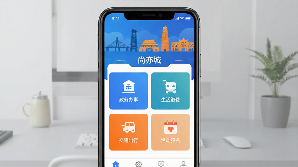 一张展示尚亦城APP核心界面的手机模型图,主体为一部竖屏智能手机,屏幕内清晰显示尚亦城应用首页,包含政务办事、生活缴费、交通出行、活动报名等图标模块,布局整洁有序,采用扁平化UI设计风格,细节上突出亦庄地标性建筑剪影作为顶部背景,整体色调以科技蓝和活力橙为主,画质高清,干净无多余元素