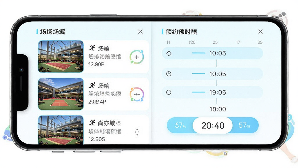 尚亦城APP文体场馆预约功能界面,主体为手机屏幕展示场馆列表与预约日历,布局采用左右分栏设计,左侧为场馆缩略图,右侧为可预约时间段,排版紧凑,风格为清新浅色系,细节上突出运动图标与时间选择器,画质高清,干净无多余元素