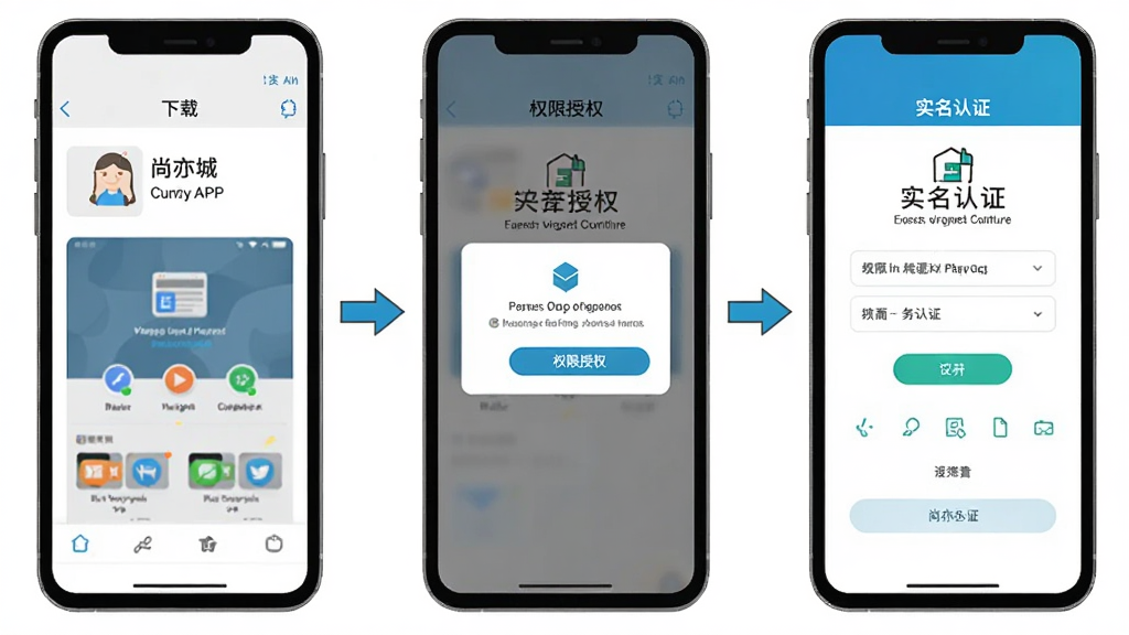 尚亦城APP在手机上的安装与权限设置操作流程图,主体为三部手机并排展示,分别呈现下载页面、权限授权弹窗、实名认证界面,布局为横向排列,排版清晰,风格为扁平化教程图解,细节上使用箭头连接各步骤,画质高清,干净无多余元素