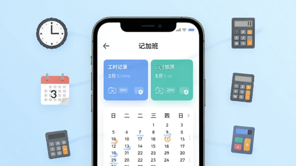 ����������һ�������ֻ�����Ļ��ʾ���ǼӰࡱӦ�������棬�������й�ʱ��¼��Ƭ��������ͼ�������Ǹɾ���ǳ��ɫ���䣬�ֻ���Χ������ʱ�ӡ���������������Сͼ�꣬������Ϊ��ƽ���ִ���ƣ������������ɾ����޶���Ԫ��