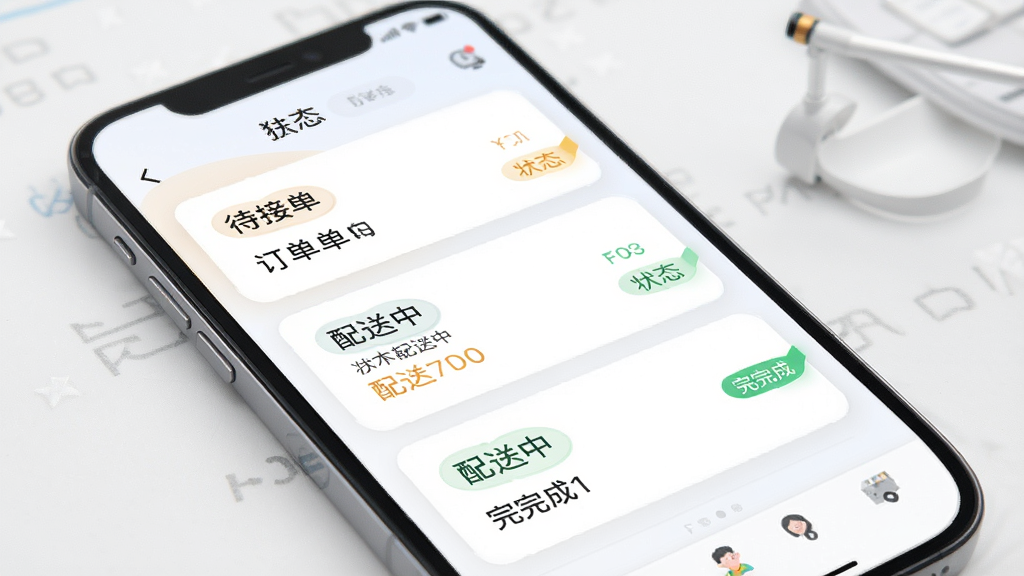 �͵�APP������������ʾ��ͼ������չʾ�ֻ���Ļ�ڶ����б���״̬��ǩ���������ӵ��������С�����ɵ�״̬��������ÿ�Ƭʽ���֣���ɫ��ͣ������ˬ��ϸ�ھ��£����ʸ��壬�޶���Ԫ��