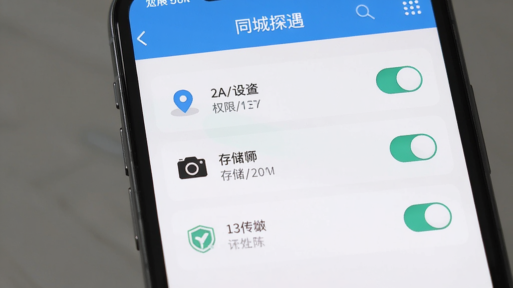 ����Ϊ�ֻ���Ļ��ʾͬ��̽��APP��Ȩ�����ý��棬����Ϊ�б�ʽѡ����Ϊ��ƽ��UI��ƣ�ϸ�ڰ�����λ��������洢Ȩ�޿���ͼ�꣬���ʸ��壬�ɾ����޶���Ԫ�ء�