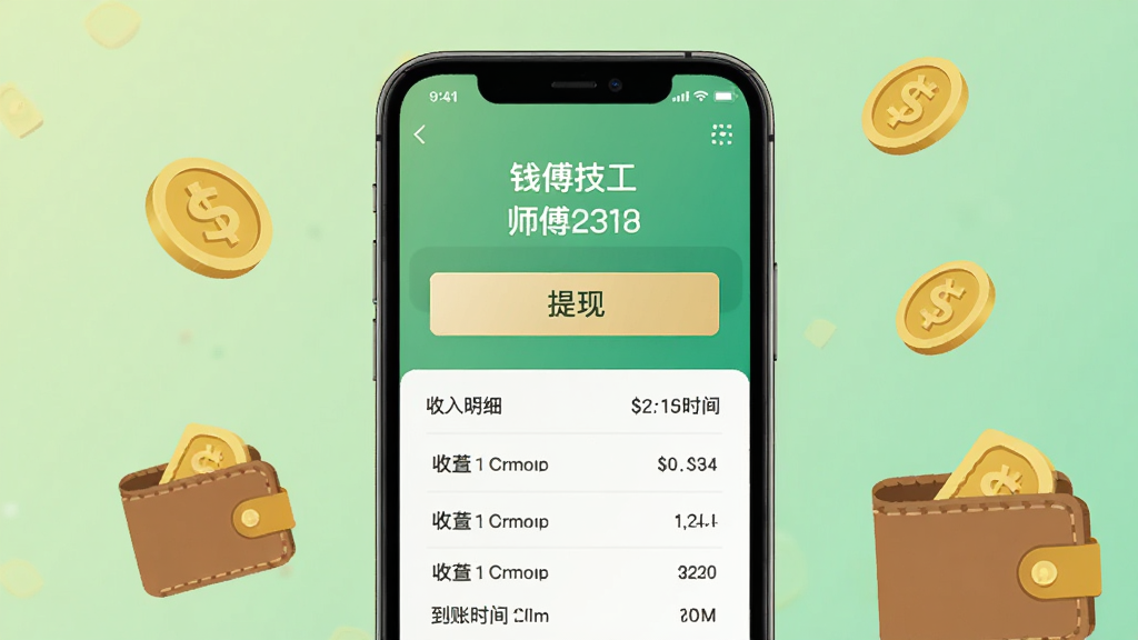 ��ʦ������Ǯ������ҳ��չʾ���ֻ���Ļ��ʾ�˻��������ְ�ť���·���������ϸ�б��͵���ʱ���ע������Ϊǳ��ɫ���䣬��Χɢ���Һ�Ǯ��ͼ�꣬��ƽ����Ʒ��ϸ�ڷḻ�����ʸ��壬�ɾ����࣬�޶���Ԫ��