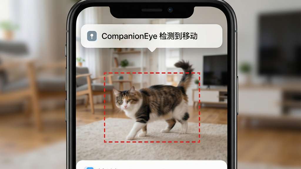 һ��չʾ CompanionEye �����ƶ���⹦�ܵ�ʾ��ͼ������������һ���ֻ���Ļ��д����Ļ�м���һ����ɫ�ľ��ο�����Ȧ���������ƶ��ĳ���è����Ļ�Ϸ�����֪ͨ���д�� 