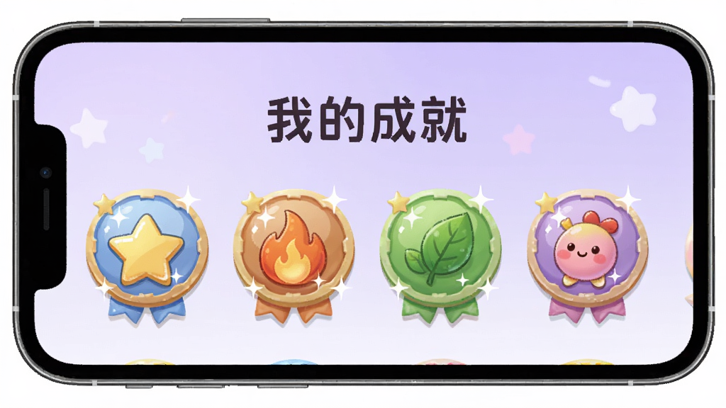 һ��չʾ��С��ͬѧ���ɾͻ���ҳ���ͼƬ���ֻ���Ļ��ʾһ��������Բ�λ��£�ÿ���������в�ͬ��ͼ�������ǡ����桢��Ҷ�ȣ��Ϸ��С��ҵĳɾ͡����⣬����Ϊ����ɫ���䣬��������ÿɰ��������������ɾ��޶���Ԫ��