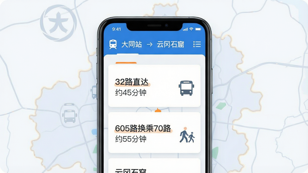 һ��չʾ��ͬ����App��·��ѯ����й滮���ܵĲ廭����������Ϊһ���ֻ�����Ļ����ʾ�ӡ���ͬվ�������Ƹ�ʯ�ߡ��ĳ��з����б�������һ��ע��32·ֱ�� Լ45���ӡ�����������ע��605·����70· Լ55���ӡ���ÿ���������й�������С�����ߵ�ͼ�ꡣ�ֻ������Ǵ�ͬ�е�ͼ�ĵ�ɫ����������Ϊ�ֻ����У�������Ƭ�������У����Ϊ���±�ƽ����ƣ�ɫ������ɫ����ɫ��ǳ��ɫΪ������׺��ɫ������ϸ��Ҫ������������ͼ���࣬���ʸ��壬�ɾ��޶���Ԫ�ء�