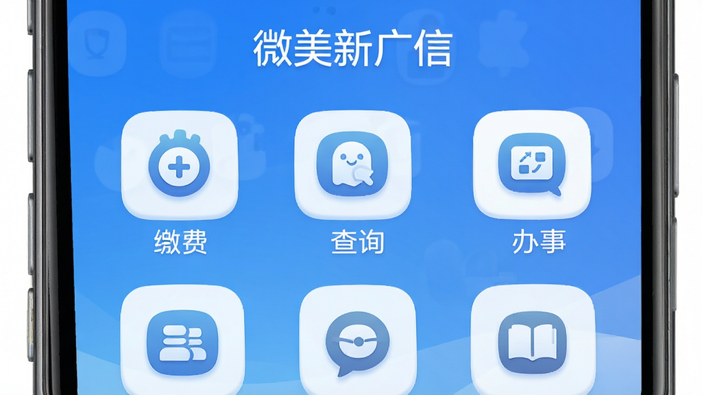 �ֻ���Ļչʾ��������ܹ���ҳ�棬�����ɷѡ���ѯ�����µ�ͼ�꣬���涥���С�΢���¹��š����ƣ�����Ϊ������ɫ���䣬ͼ��Բ��ͳһ����������ˬ�����ʸɾ����޶���Ԫ��