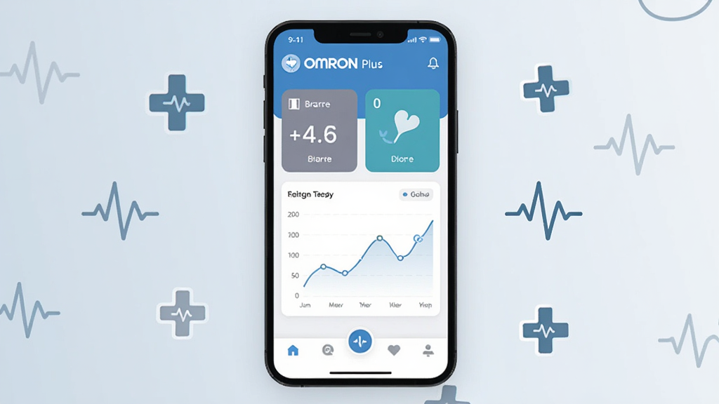 һ��չʾ OMRON Plus Ӧ����������ֻ�����ͼ������������һ�����������ֻ�����Ļ����ʾ���������Ǳ��̣�����Ѫѹ��ֵ��Ƭ����������ͼ�͵ײ�������������Ϊ�ɾ���ǳ����ɫ���䣬�ֻ���Χɢ���ż�Լ��ҽ��ʮ��ͼ������������װ��Ԫ�ء�������Ϊ�ִ���ƽ��UI��ƣ�ϸ�����������ʸɾ����޶���Ԫ�أ��ʺ���Ϊ��������վԤ��ͼ��