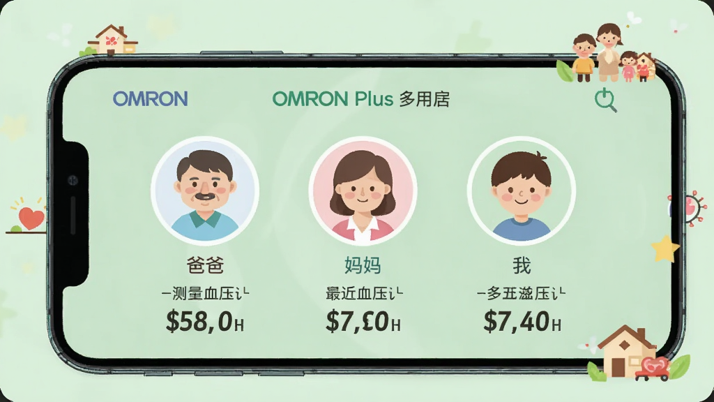 һ���ֻ���Ļ��ʾ OMRON Plus ���û��������棬������������Բ���û�ͷ�������У��ֱ��ע���ְ֡������衱���ҡ���ÿ��ͷ���·���ʾ���һ�β�����Ѫѹ��ֵ������Ϊ��͵�ǳ��ɫ���ֻ���Χ�м򵥵ļ�ͥͼ��װ�Ρ������������Ѻã������������޶���Ԫ�ء�